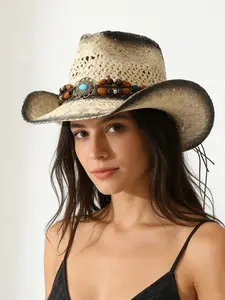 Vintage Vacation Style Wooden Bead Turquoise Wide Brim Cowboy Hat, Breathable Hollow Out Western Cowboy Hat, Beach Holiday Sun Protection