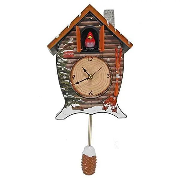 Snowy Cabin Singing Cardinal Christmas Cuckoo Clock, 14 x 10 Inch Decorative Holiday Sound Clock, Winter Cabin Scene with Cardinal Bird Songs, Festive Tabletop or Wall Mounted Christmas Clock, Rustic Seasonal Home Decor Gift