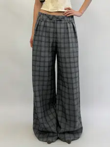 Women's Vintage Plaid Gingham Wide Leg Pants, Loose Fit Slimming Casual Long Trousers, Versatile Office Wear, Comfortable Daily Style