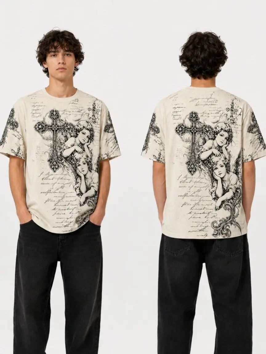 Men's Cherub Angel Cross Graphic T-Shirt, Oversized Vintage Cream Front and Back Print Tee, Gothic Baroque Streetwear Top