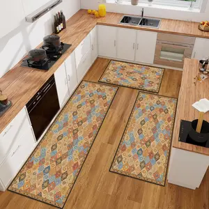Bohemian Vintage Geometric Pattern Kitchen Rug Set, Boho Runner Rug, Easy Clean Laundry Room Mat, Precision Bound Non-Fraying Entryway Rug, Perfect for Bedroom Bathroom