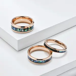 Tungsten Steel Abalone Shell Couple Rings, Minimalist Two-Tone Design, Luxury Matching Bands