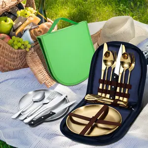 Stainless steel outdoor tableware, camping picnic barbecue, steak, knives, forks, spoons, plates, portable tableware set