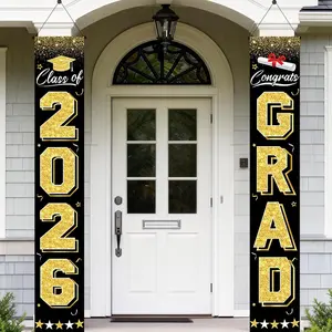 Graduation Decorations 2026 - Black and Gold Graduation Banner Class of 2026 Congrats Grad Party Supplies Decorations Door Banner 2026 for Graduation Decor