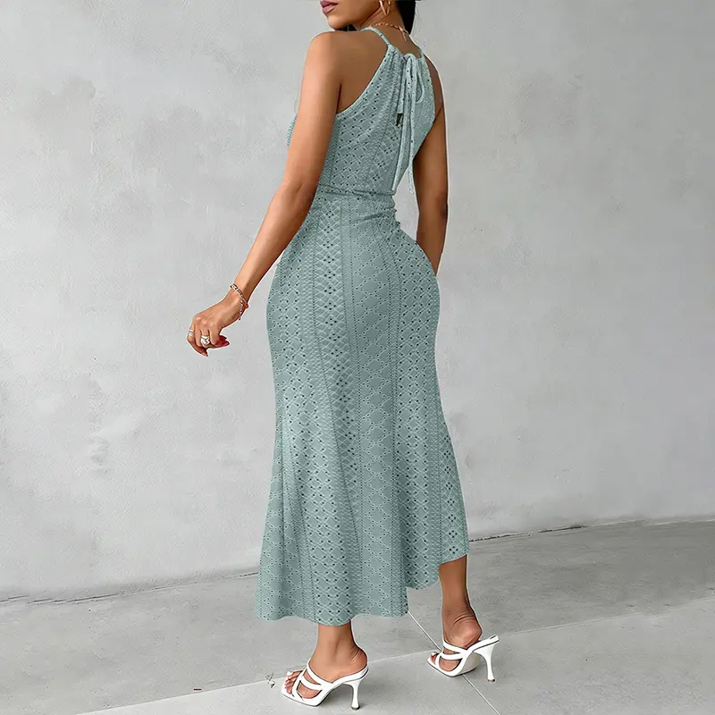 ChicMe Women's Sage Green Maxi Dress Halter Neck Ruched Knit Slit Dress/Summer  Dress Casual Hollow-out Draped Vacation Look Fit Soft - TikTok Shop