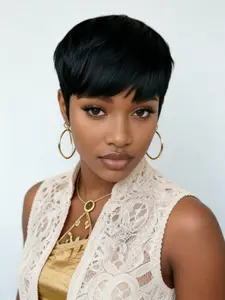 pixie cut wig ﻿brown burgundy natural black color  pixie cut human hair wigs short straight human hair wig machine made for women daily party cosplay gift use Party holidays gift wig