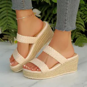 Women's Woven Wedge Espadrille Slides Double Strap Platform Sandals for Summer Casual Springfresh