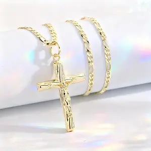 18K Gold-Plated Jesus Cross Pendant Necklace Sacred Hollow Religious Prayer Jewelry Elegant Daily Wear Accessory