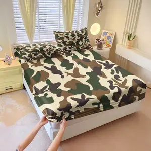 Light Color Jungle Bird Camo Fitted Sheet Set & 2 Pillowcases, Light Military Green Beige Color Palette Camouflage with Flying Bird Silhouette, Army Bed Sheets, Soft Easy Care, Natural Style Bedroom Decor Gift Choice, Bedsheet Sets