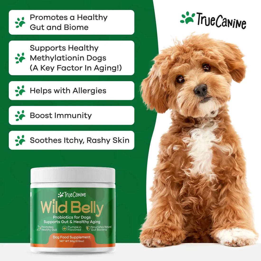 TRUECANINE Wild Belly Dog Probiotics for Gut Health, Itchy Skin & Shedding - 8.75B Spores, Pumpkin Flavor, 30-Day Supply