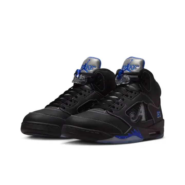 Retro High‑top Sneakers, Black Upper With Royal Blue Accents Fashion Streetwear Shoes, Shock‑Absorbing Basketball Footwear Comes With Original Shoe Box