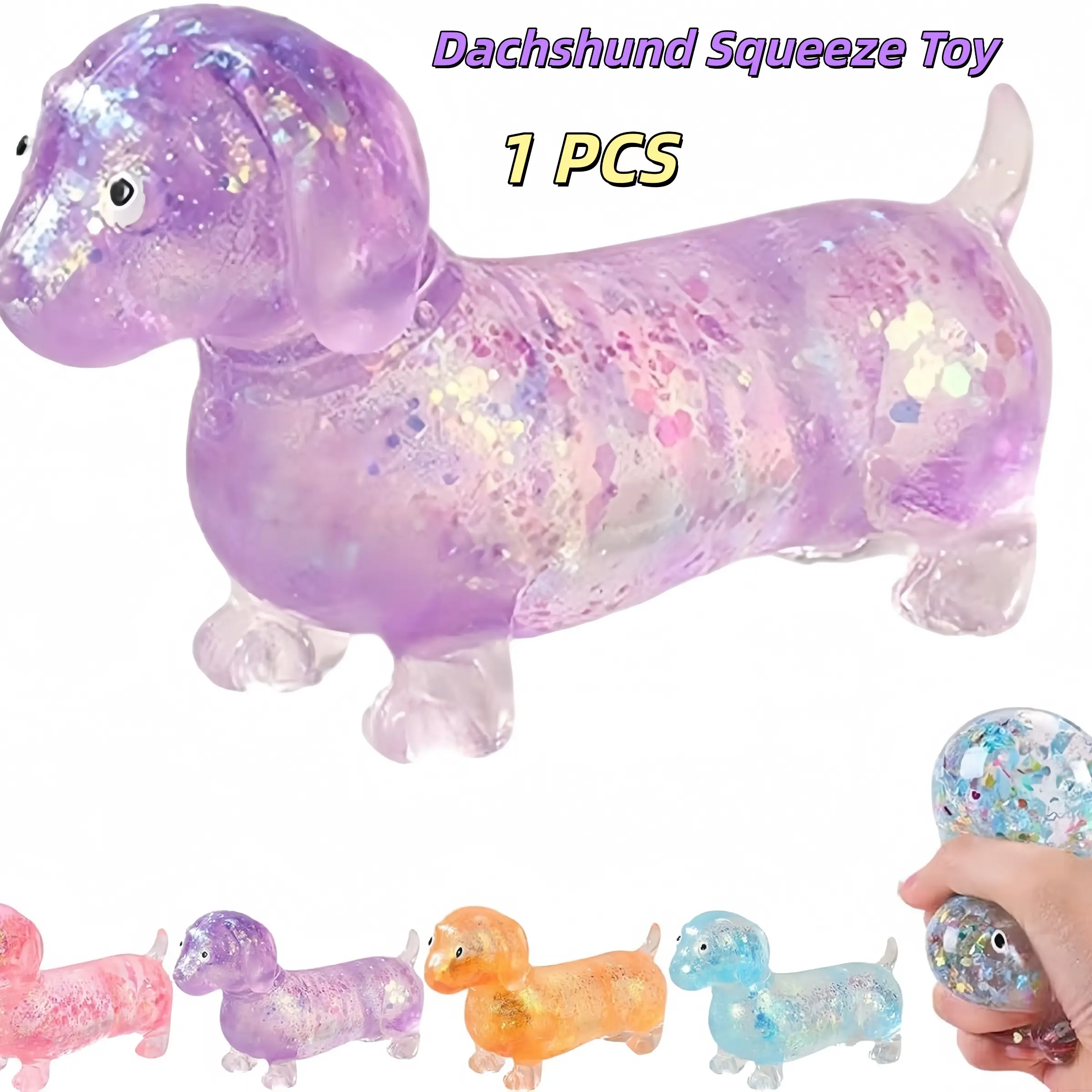 Dachshund Squishy Toy, Glitter Sausage Dog Mallow Stress Ball, Slow Rise Stress Relief Toy, Soft Compression Desk Tool, Home Office Travel Stress Relief