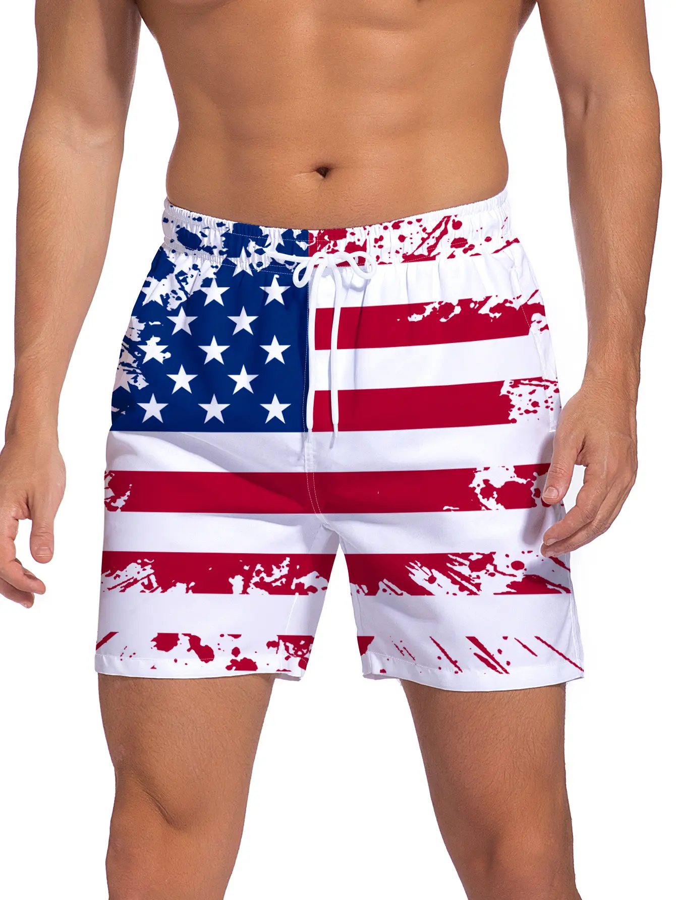 Men's American Flag Print Swimsuit Shorts - Street Style Loose Fit Swim Trunks with Pockets, Machine Washable Lightweight Nontransparent Fabric for Summer Poolside & Casual Outings