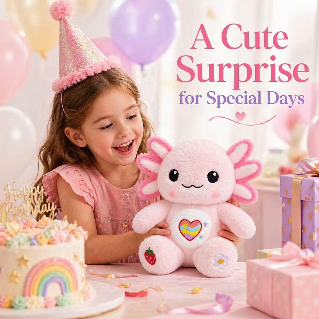 Pink Axolotl Plush Stuffed Animal, 10.6 Inch Soft Kawaii Axolotl Plush Toy with Rainbow Heart Embroidery, Cute Pink Plush Doll for Room Decor, Birthday Gift for Girls, Boys and Plush Lovers