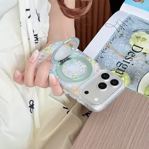 360° Integrated Stand Round Edge Airbag Edge Flower Phone Case for iPhone 13 14 15 16 17 Pro Max Shockproof Protective Cover with Floral Design