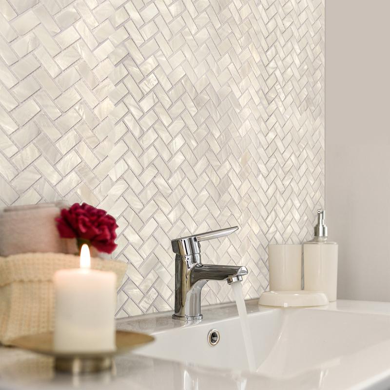 Art3d White Mother of Pearl Shell Tile 12x12 Natural MOP 10 Sheets Cover 10 Sq Ft Waterproof Backsplash Shower Wall Tile Herringbone Pattern