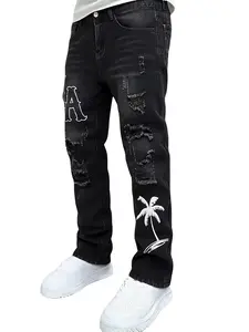 Men's slim fit letters and palm tree embroidery ripped skinny jeans for men
