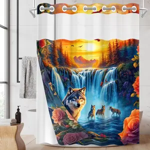 1PC/4PCS 2D Printing Orange-yellow Landscape with Wolf Pack and Waterfall Printed Shower Curtain, bathroom decor, Bathroom Decoration Accessories, shower curtain with 12 hooks, non-slip bathroom rug, U-shaped toilet seat cover