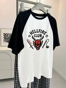 2026 Summer New Stranger Things Hellfire Club Devil Print Raglan Sleeve T-Shirt, Women's Lightweight Breathable Loose Fit Short Sleeve Top