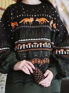 Women's Fox & Mushroom Knit Sweater, Loose Round Neck Pullover, Cute Frog Forest Animal Pattern, Casual Fitted Top, Knitwear