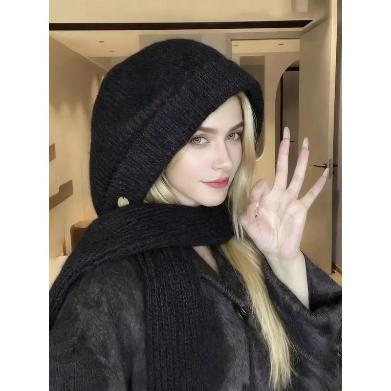 Women Knitted Hooded Scarf Balaclava 2-in-1 Winter Warm Hat  display picture 1