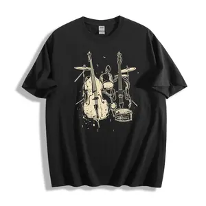 Vintage Double Bass Drum Set Graphic T-Shirt, Jazz Music Print Tee, Casual Oversized Cotton Top for Men, New Orleans Jazz Festival Outfit, Music Lover Gift