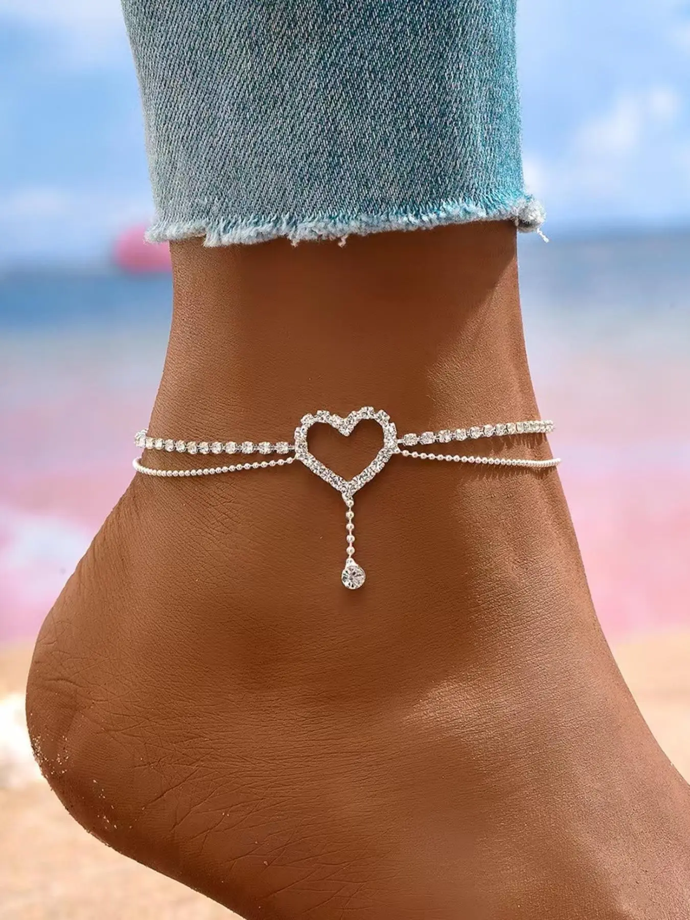 Elegant Rhinestone Heart Star Design Anklet High Heel Shoe Accessory, Micro Embedded Water Drill Hollow Heart Drop Pendant, Jewelry Accessories