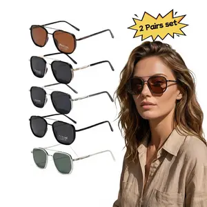 2-Pair Polarized Sunglasses for Travel, Driving & Daily Wear, UV Protection, Lightweight Geometric Frame with Double Beam Design. Great Gift for Him or Her