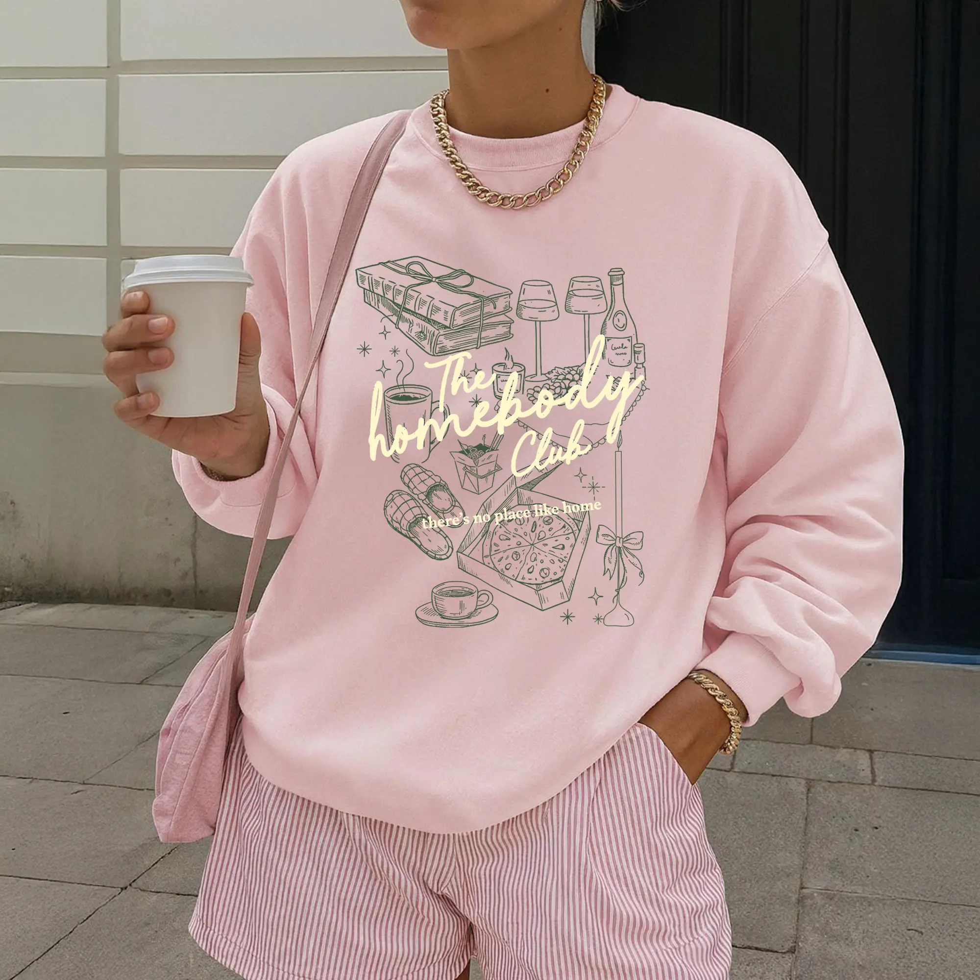 Women's The Homebody Club Graphic Hoodie, Oversized Vintage Tops, Comfy Long Sleeve Casual Tee for Everyday Wear, Sweatshirt, Garment, Soft, Cotton, Fashion