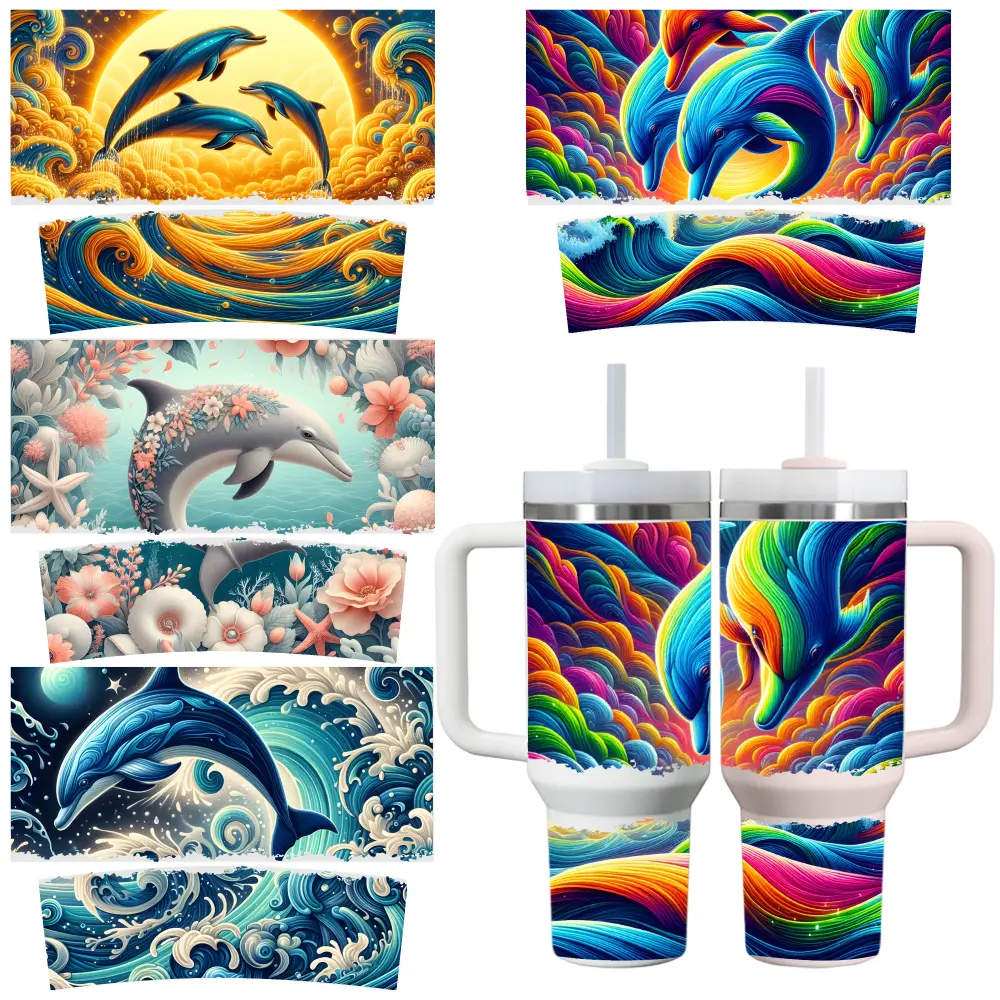 4 Sheets Dolphin Floral Ocean Waves Sunset Rainbow UV DTF Stickers for 40oz Tumblers Waterproof DIY Decals Decorative Transfer side  eyes  sticker