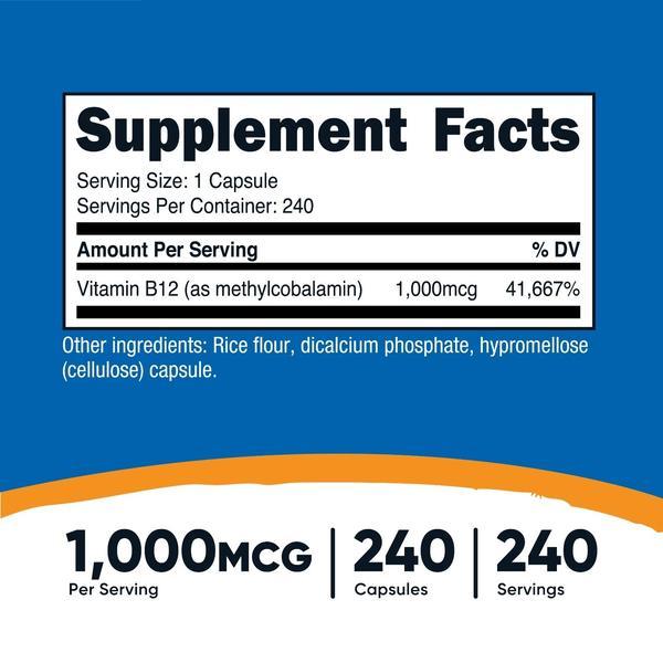 Nutricost Vitamin B12 (Methylcobalamin) 1000mcg, 240 Capsules - Non-GMO
