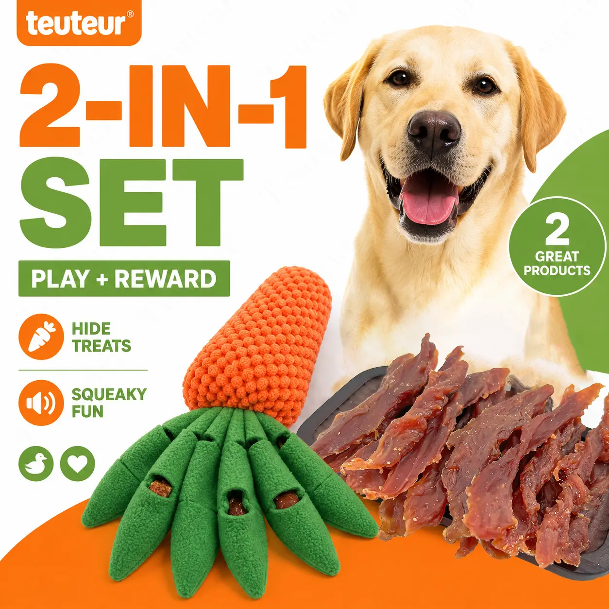 Plush Fabric Carrot Squeaky Dog Toy + Snack Combo with Hidden Pockets, Duck Jerky Strips, Treat Dispensing, Interactive Snuffle Puzzle for Small/Medium Puppies, Mental Stimulation, Training Rewards, Boredom Relief