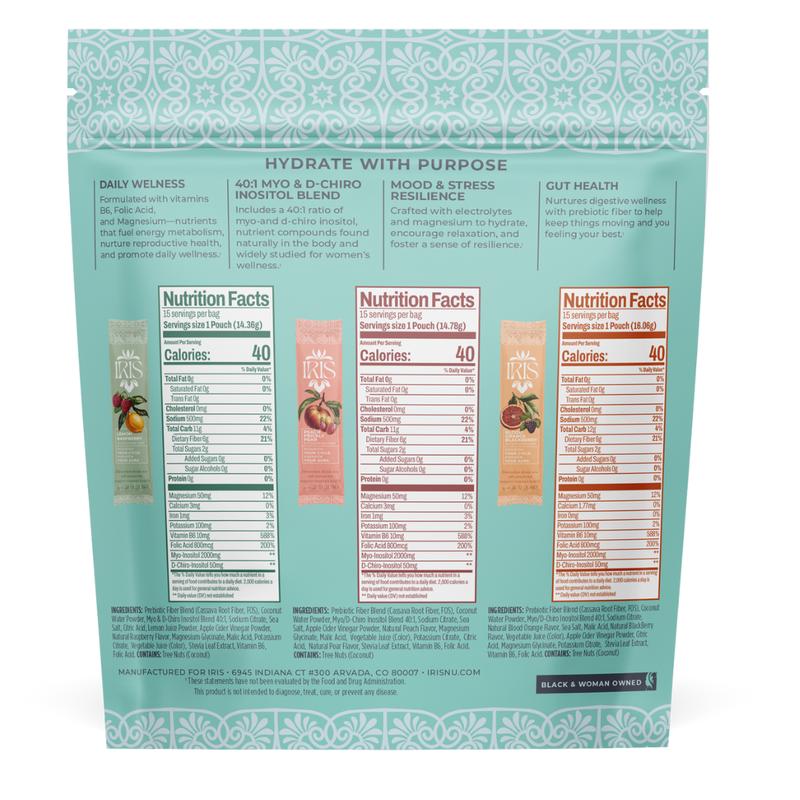 IRIS Variety Pack Hormone Health Electrolyte Drink Mix - 15 On-The-Go Sticks Variety Pack for PCOS Support & Ovarian Function with 40:1 Myo & D-Chiro Inositol, Magnesium, Prebiotic Fiber