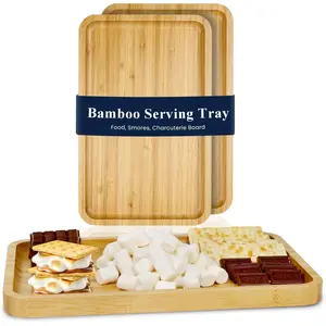 Serving Tray - 2 Pack Serving Platters for  Party Smores Maker Tray - Modern Rectangle Wooden Trays for Eating Living Room Kitchen Counter Tray or Tabletop fire Pit Accessory (M2)