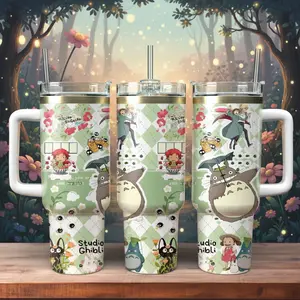 Studio Ghibli 40oz Tumbler with Handle | Totoro, Howl's Moving Castle & Ponyo Anime Travel Mug with Straw | Perfect Gift for Ghibli Lovers