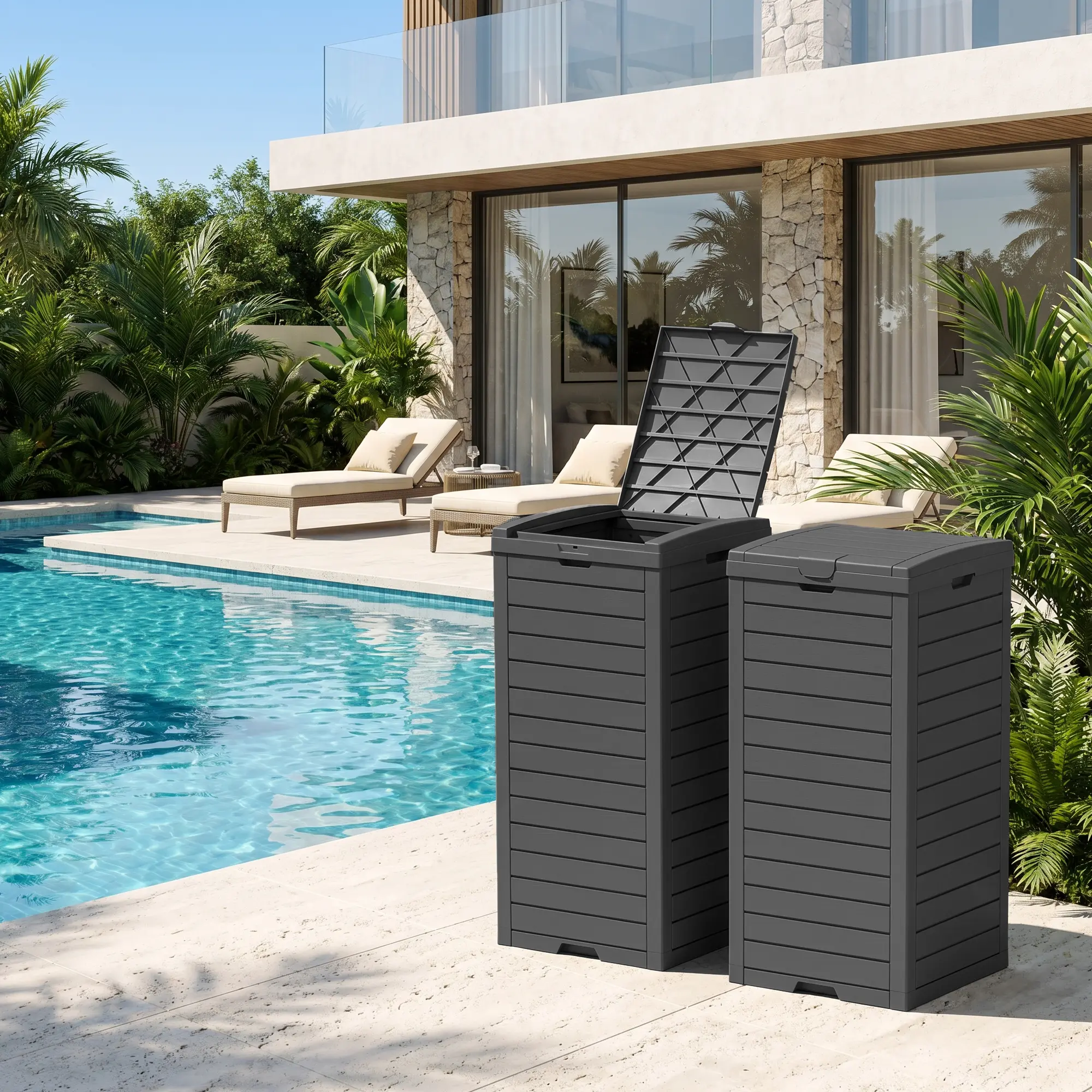 2‑Pack 31 Gallon Resin Outdoor Trash Cans, Weatherproof Garbage Bins with Latching Lid, Concealed Waste Container for Patio Backyard Garden, Black, Summervibes