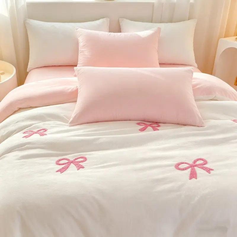 3pcs Girl Bow Embroidered Cute Bedding Set, Includes 1 Duvet Cover + 2 Pillowcases（without comforter and pillow insert）, Single Twin Double Queen Size bed