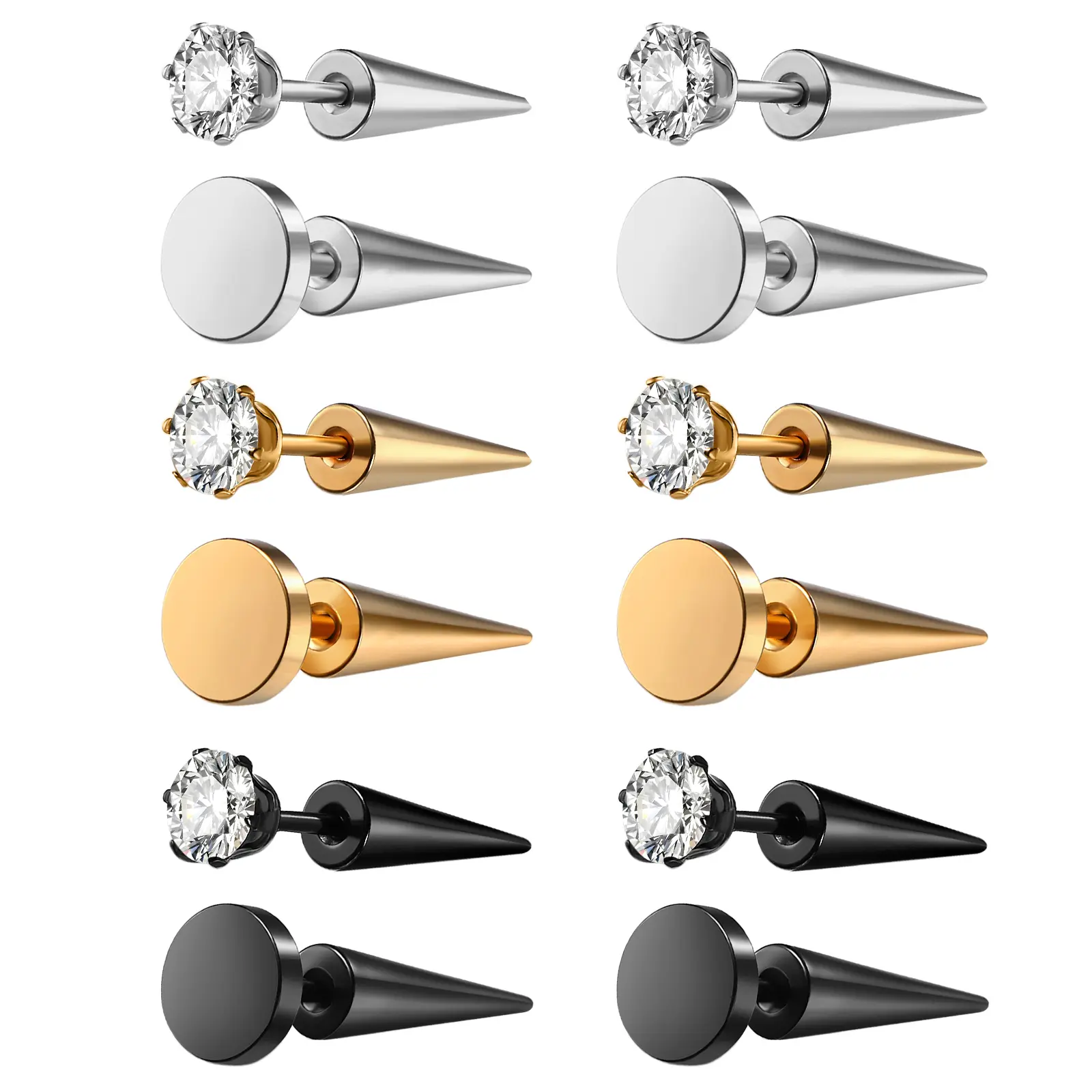 OIDEA Men's 6-Pair Male Punk Cone Rivet Spike Earring Stack Set - 316L Anti-Rust Steel, 17g (1.2mm) Post, 0.22in Funky Unique Men's Accessories for Daily Wear & Birthday Gifting, Jewelry Stack, Cone Shape, Men's Earrings