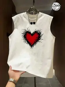 Unisex 100% Cotton Barbed Wire Red Black Heart Print Sleeveless Tank Top | Y2K Grunge Clean Fit Fashion Casual Top Sleeveless Top Vest