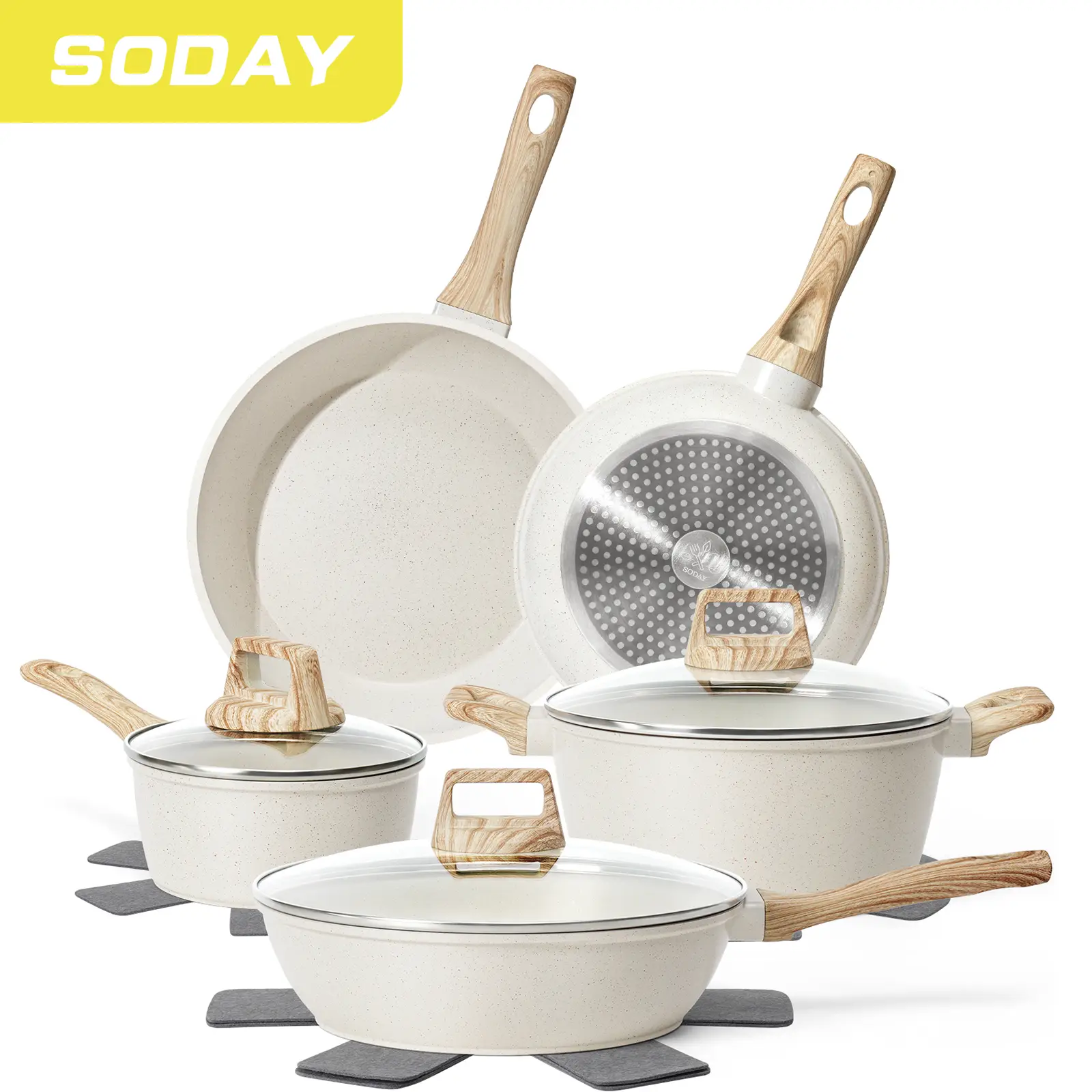 [New] SODAY Pots and Pans Set Non Stick,12 Pcs Kitchen Cookware Sets Nonstick Induction Cookware White Granite Cooking Set,Frying Pans,Saucepan, Lid,M