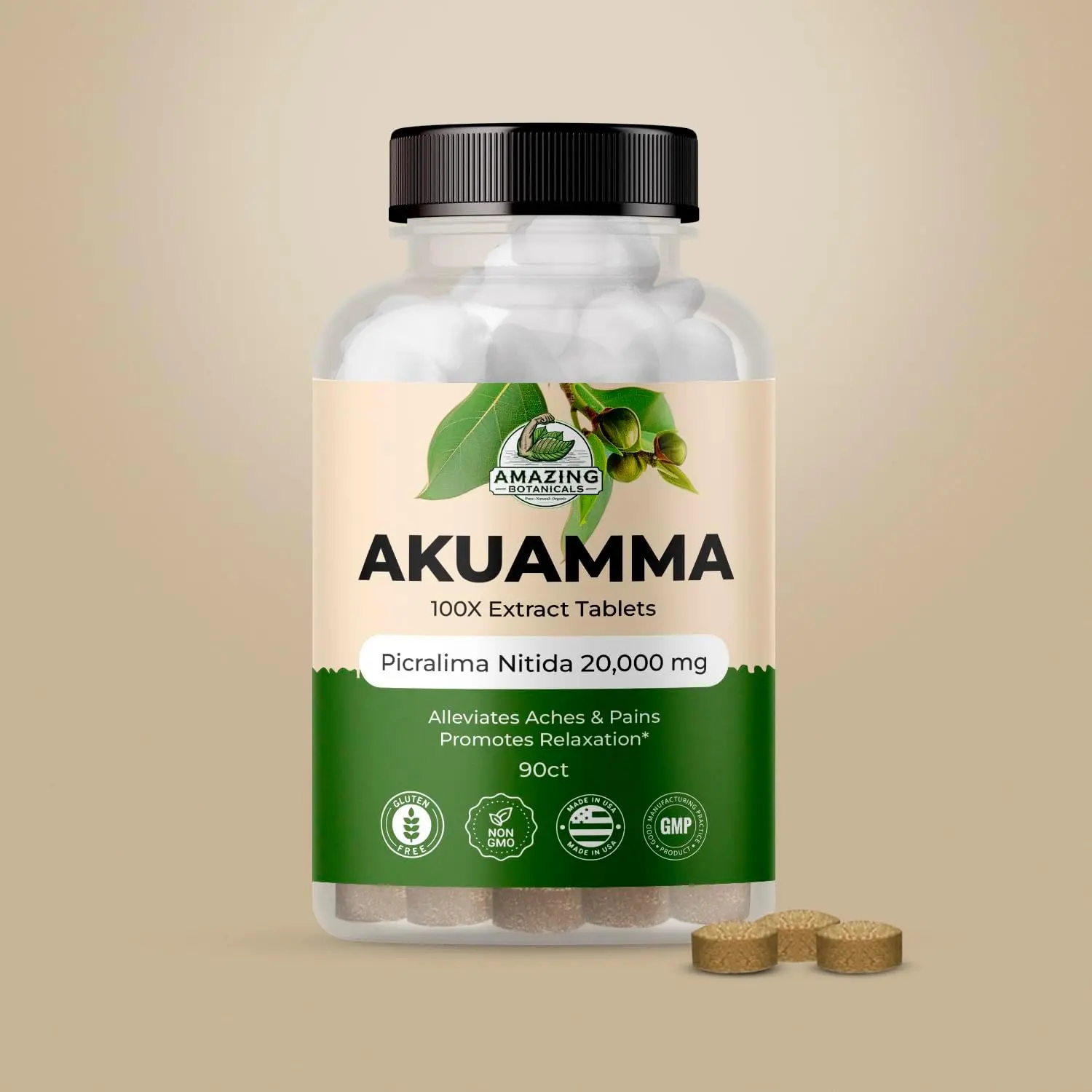 Amazing Botanicals Akuamma Seed Dietary & Fitness Supplement Tablets - Natural Edible 200mg 100X Ultra-Potency Extract (20,000mg), 90-Count, Healthcare Support for Stress Relief, Focus