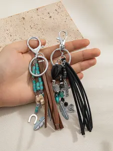 Fashion Vintage Turquoise Cross Heart Long Pendant Tassel Beaded Keychain Jewelry Bag Chain Car Key Ring, 2 Pieces Set