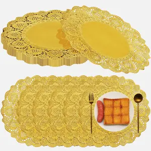 100 Pcs 12 Inch Gold Disposable Round Lace Paper Placemats Decorative Doilies for Dining Wedding Table Decoration Festive Party Birthday Holiday
