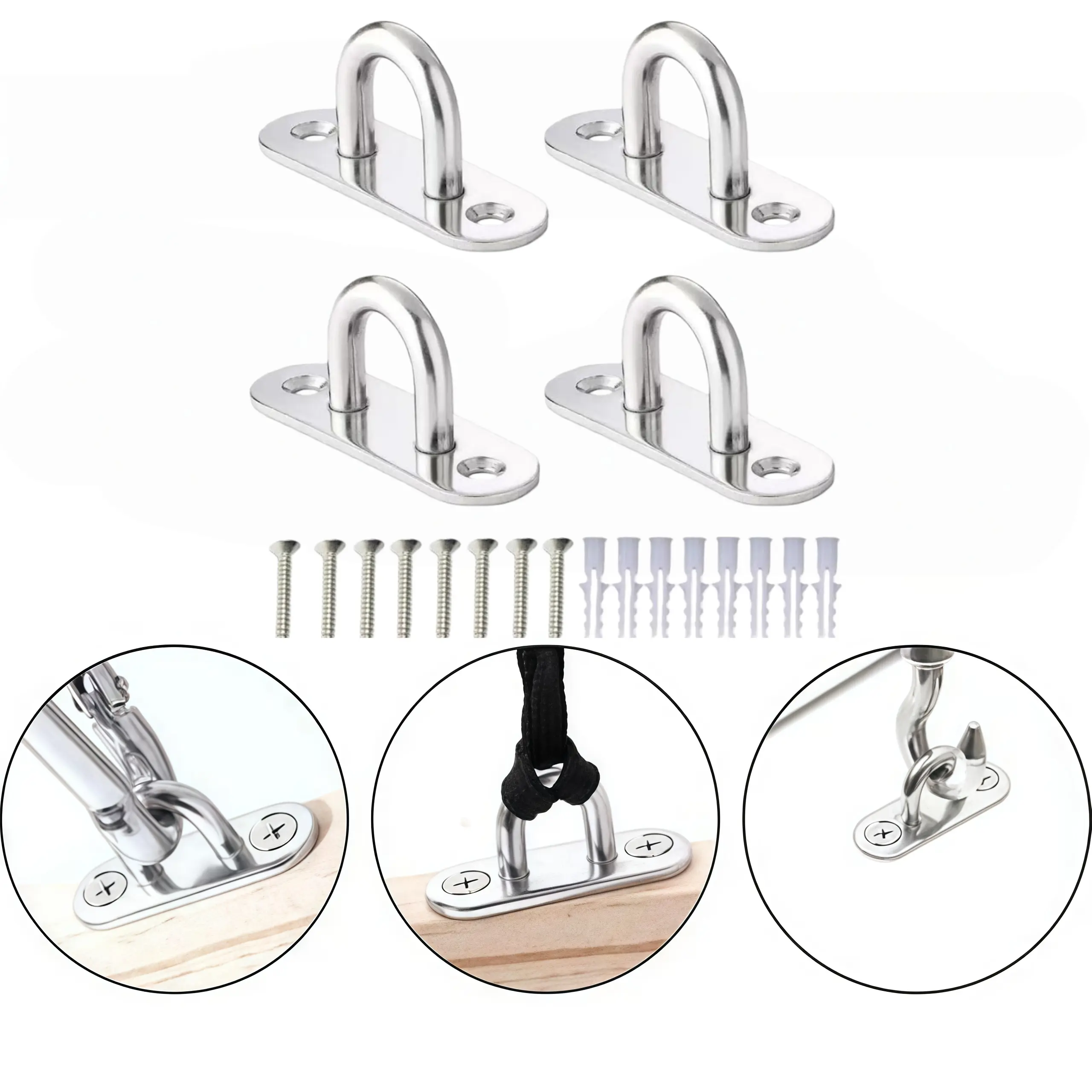 4-Pack Industrial Durable Rust-Resistant 304 Stainless Steel Polished Metal U-Shaped Wall Mount Hook Set, Smooth, Easy Installation, Includes 8 Screws & 8 Expansion Tubes for Garage Storage