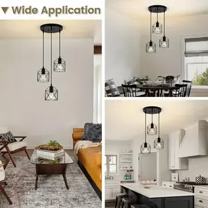 Industrial 3-Light Hanging Pendant Light, Farmhouse Metal Cage Ceiling Fixture with E26 Bulb Sockets, Adjustable Suspension Lamp for Kitchen Island, Dining Room, Entryway, Living Room, Bedroom & Modern Rustic Home Decor
