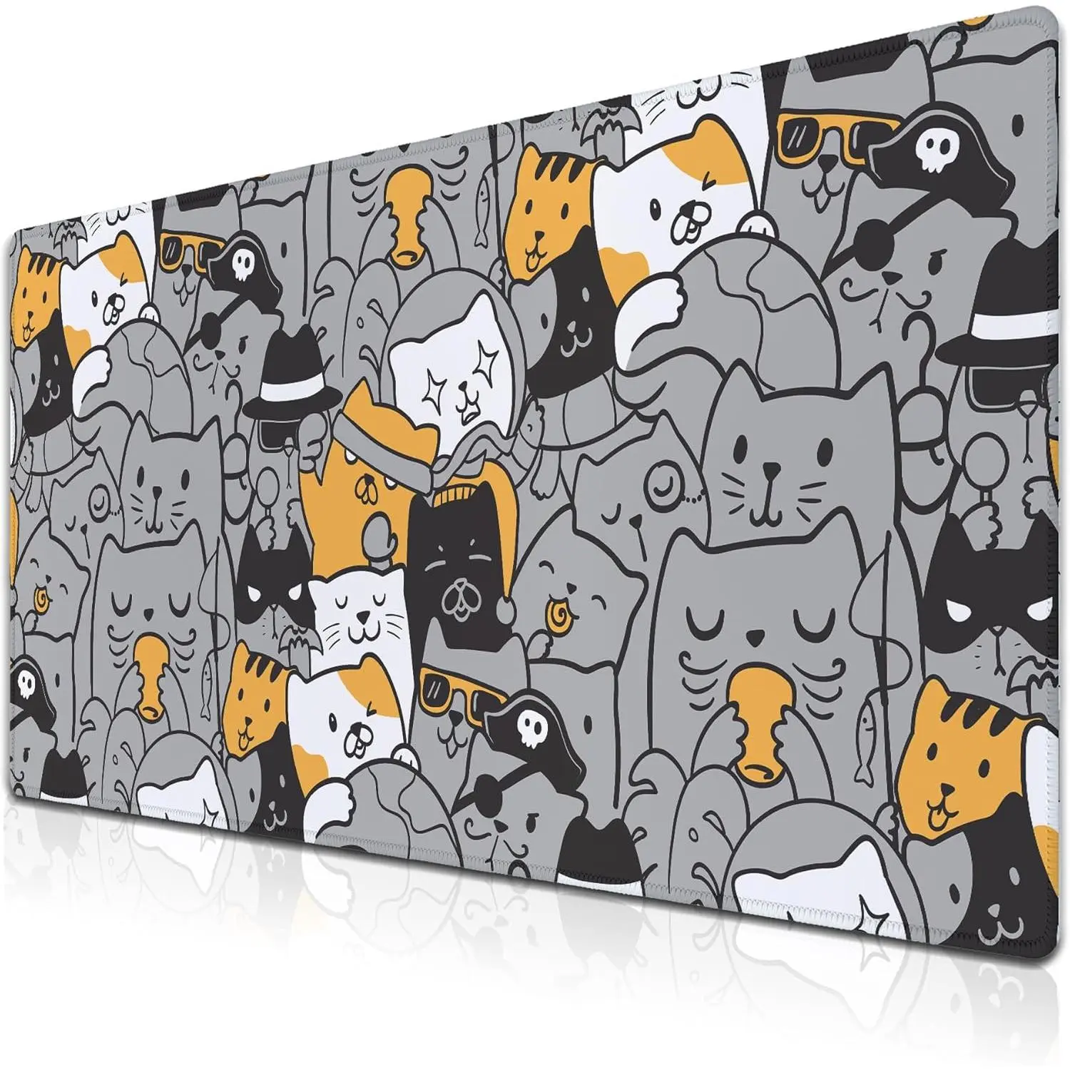 Desktop Mats Grey Work Table Mat, Large Mouse Pad Gaming Large Mouse Pads, Desk Pad Mat Non-Slip Rubber Base Waterproof with Stitched Edges, 35.4" X 15.7" for Work/Game/Office/Home Anime Cat