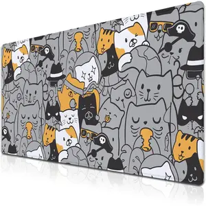 Desktop Mats Grey Work Table Mat, Large Mouse Pad Gaming Large Mouse Pads, Desk Pad Mat Non-Slip Rubber Base Waterproof with Stitched Edges, 35.4" X 15.7" for Work/Game/Office/Home Anime Cat