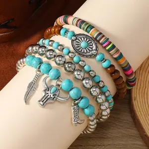 B Western Turquoise Bracelet for Women Boho Jewelry Beaded Bracelet Stack Western Inspired Clothes Concho Country Concert Cowboy Oufits  Mother's Day gift  Graduation gift