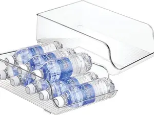 BPA-Free Plastic Water Bottle and Drink Holder – Fridge Organizer Bin for Kitchen, Basement, and Garage – Set of 2, Clear Plastic (9" x 13.75" x 4")