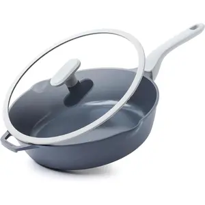 10/12 Inch Ceramic Nonstick Deep Frying Pan with Lid, Non-Toxic PFAS-Free Jumbo Cooker Skillet with Double Pour Spout, Stay Cool Handle, Metal Utensil Safe, Dishwasher Safe, (12 Inch, Gray)